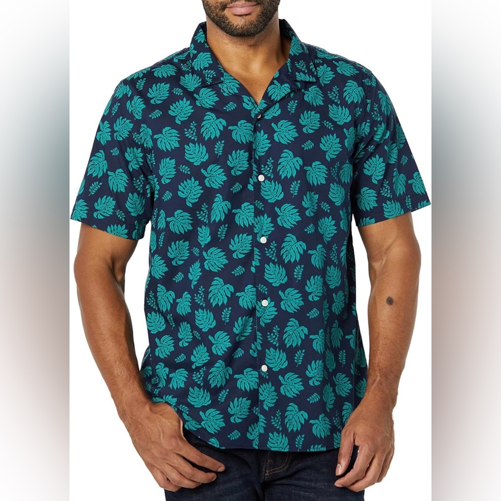 Men's Tropical Leaf Print Shirt - Blue and Green- slim